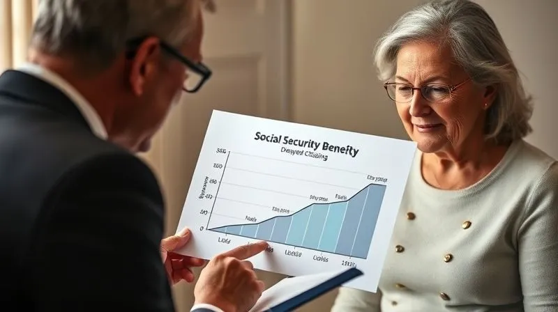 A photorealistic image of a financial planner explaining Social Security benefits to a mature couple, pointing to a graph showing increasing benefits with delayed claiming. The couple looks engaged and relieved. Professional photography, 8K, cinematic lighting, sharp focus, depth of field, shot on a high-end DSLR.