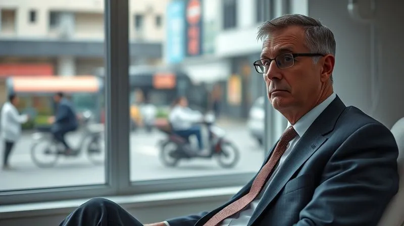 photorealistic, professional photography, 8K, cinematic lighting, sharp focus, depth of field, shot on a high-end DSLR. A high-ranking executive in a tailored suit, looking visibly unwell and concerned, sitting in a sterile, unfamiliar hospital room in a foreign country, a blurred window showing a bustling, non-Western city street. The scene conveys vulnerability and the urgent need for assistance.