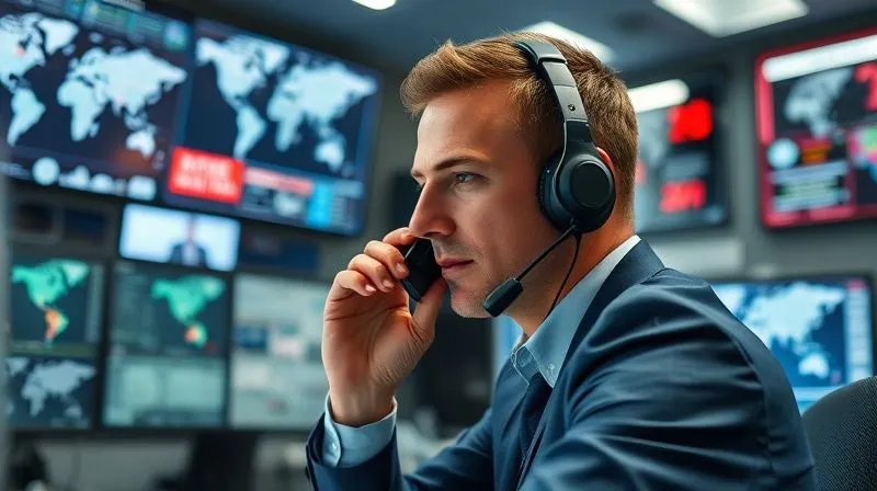 photorealistic, professional photography, 8K, cinematic lighting, sharp focus, depth of field, shot on a high-end DSLR. A highly focused medical assistance coordinator, wearing a headset, intently speaking on the phone in a modern, brightly lit operations center, multiple screens displaying global maps and medical data. The atmosphere is tense but controlled, conveying professional urgency.