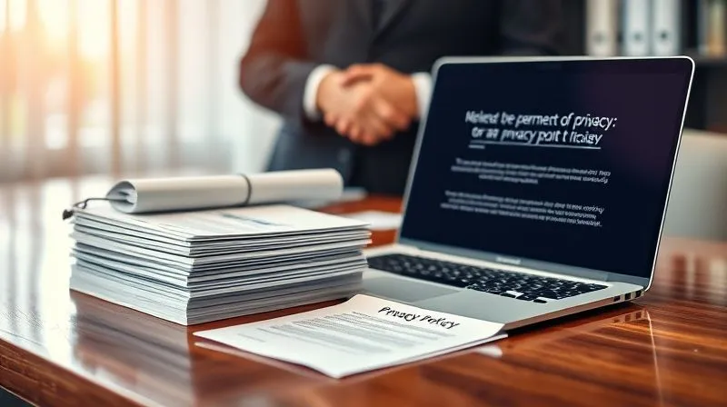 photorealistic, professional photography, 8K, cinematic lighting, sharp focus, depth of field, shot on a high-end DSLR. A stack of legal documents and an open laptop displaying privacy policy text on a polished wooden desk, with a blurred, professional handshake in the background, symbolizing agreements and legal responsibilities in a corporate setting.