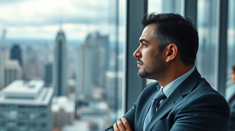 A photorealistic image of a thoughtful, well-dressed high-net-worth individual gazing out of a modern office window at a city skyline, contemplating their legacy and financial future. Their expression is reflective and determined. Professional photography, 8K, cinematic lighting, sharp focus on the individual, depth of field blurring the city, shot on a high-end DSLR.