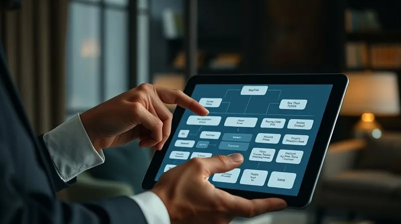 A photorealistic image of a sophisticated financial planner pointing to a complex, multi-layered estate planning flowchart on a digital tablet, demonstrating wealth transfer strategies. The background shows a dimly lit, elegant study. Professional photography, 8K, cinematic lighting, sharp focus on the tablet and planner's hand, depth of field blurring the background, shot on a high-end DSLR.