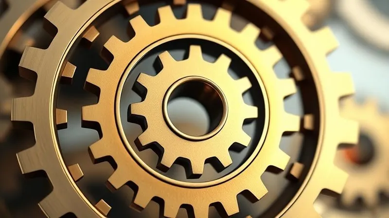 A photorealistic, highly detailed 3D infographic showing interlocking gears representing different financial instruments (life insurance, trusts, investments) smoothly working together to secure a family's legacy. The gears are made of polished metal and have a soft, golden glow. Professional photography, 8K, cinematic lighting, sharp focus on the central mechanism, depth of field blurring the edges, shot on a high-end DSLR.