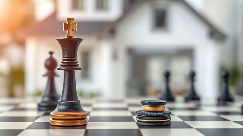 A photorealistic image of a detailed financial chessboard, with a pawn (representing a low down payment) strategically moving forward, protected by a knight (representing mortgage insurance). The background shows a blurred, modern home. Professional photography, 8K, cinematic lighting, sharp focus on the chess pieces, depth of field blurring the background, shot on a high-end DSLR.
