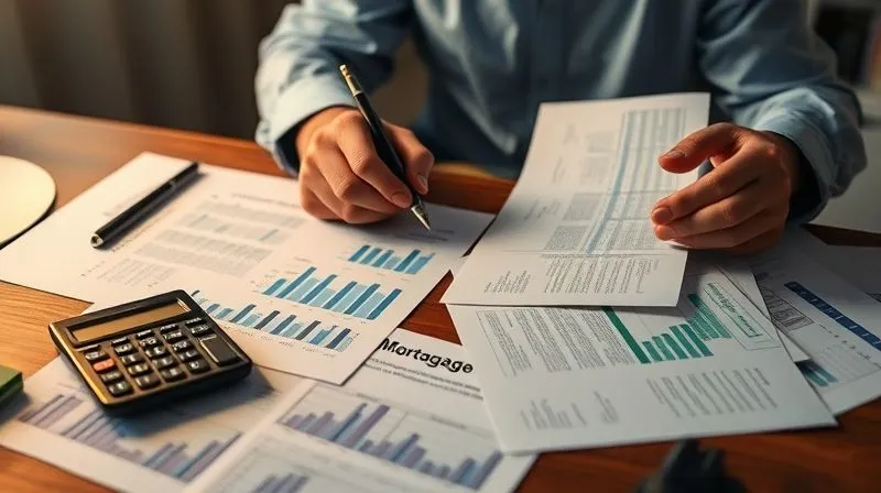 A photorealistic image of a person at a desk, meticulously comparing multiple mortgage documents and spreadsheets side-by-side, with a calculator and pen. The scene is lit with warm, focused light, emphasizing detailed financial analysis. Professional photography, 8K, cinematic lighting, sharp focus on the documents, depth of field blurring the background, shot on a high-end DSLR.