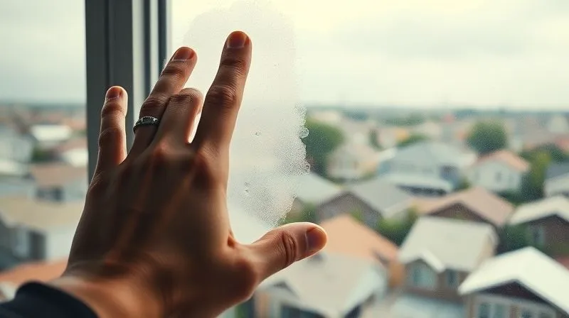 A photorealistic image of a hand gently wiping away fog from a window pane, revealing a clear, detailed view of a bustling housing market with diverse homes and a subtle upward trend in the background. Professional photography, 8K, cinematic lighting, sharp focus on the hand and clear view, depth of field blurring the background, shot on a high-end DSLR.