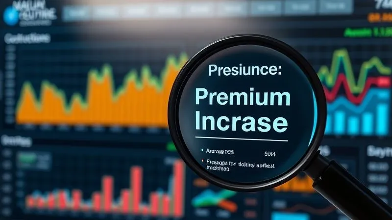 photorealistic, professional photography, 8K, cinematic lighting, sharp focus, depth of field, shot on a high-end DSLR, a complex financial dashboard displaying various metrics, including average age of workforce, claims frequency graph, and insurance market trend lines, with a magnifying glass hovering over the 'Premium Increase' section, conveying detailed analysis of cost drivers.