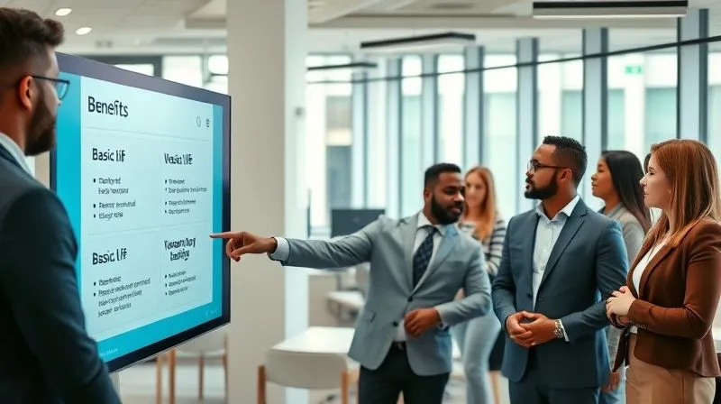 photorealistic, professional photography, 8K, cinematic lighting, sharp focus, depth of field, shot on a high-end DSLR, a diverse group of employees in a modern office, one employee is pointing at a digital benefits enrollment screen showing options for basic life, voluntary life, and other supplemental benefits, others are looking engaged and discussing, conveying choice and empowerment in benefits selection.