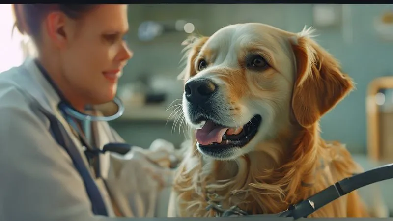 photorealistic, professional photography, 8K, cinematic lighting, sharp focus, depth of field, shot on a high-end DSLR. A happy, healthy golden retriever dog receiving a gentle check-up from a caring veterinarian, a stethoscope against its chest, both smiling slightly, in a clean, modern vet clinic. Soft, warm light. Focus on the bond and preventative care.