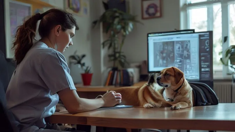 photorealistic, professional photography, 8K, cinematic lighting, sharp focus, depth of field, shot on a high-end DSLR. A compassionate female veterinarian, in scrubs, sitting across a table from a concerned pet owner, discussing a digital X-ray on a monitor. The owner is engaged, asking questions, and the vet is patiently explaining. A well-behaved dog rests calmly nearby. Focus on clear communication and empathetic discussion.