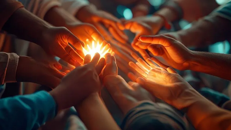 photorealistic, professional photography, 8K, cinematic lighting, sharp focus, depth of field, shot on a high-end DSLR. A diverse group of hands, some holding paws, reaching towards a glowing, abstract symbol of hope and community support. Warm, empathetic lighting, sharp focus on the hands and paws, depth of field blurring a subtle background of a vet clinic. Symbolizing collective aid and compassion for pet owners in need.