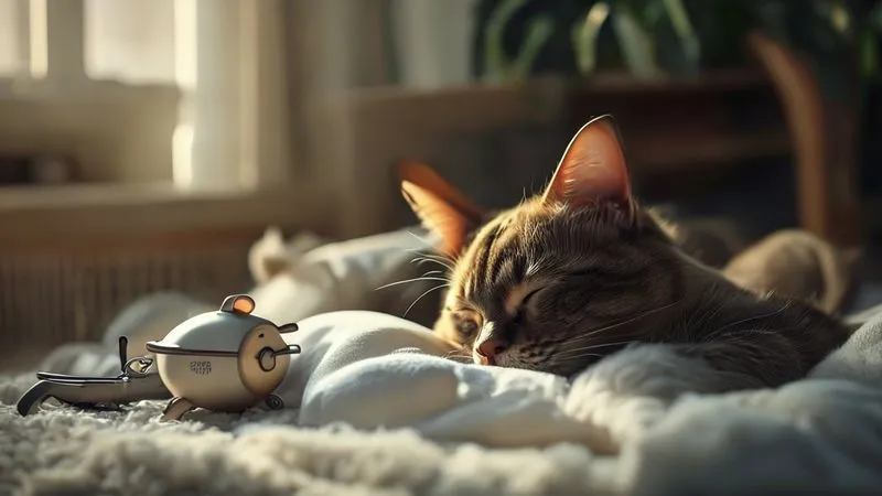 photorealistic, professional photography, 8K, cinematic lighting, sharp focus, depth of field, shot on a high-end DSLR. A serene image of a contented pet (a cat or dog) peacefully sleeping on a soft blanket, with a gentle, reassuring light illuminating the scene. In the background, subtly blurred, are symbols of financial security and health, like a small piggy bank and a stethoscope. The overall mood is peaceful, secure, and hopeful, conveying peace of mind for the pet owner.