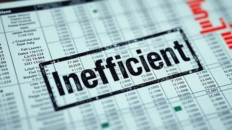 A photorealistic image of a complex financial ledger filled with numbers and charts, with a large, generic stamp marked 'Inefficient' overlaying parts of it. Cinematic lighting, sharp focus, depth of field, 8K, professional photography, shot on a high-end DSLR.