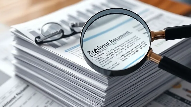 A photorealistic, professional image of a stack of complex regulatory documents and financial reports, with a magnifying glass hovering over a detailed section, symbolizing scrutiny and precision. Cinematic lighting, sharp focus, depth of field, 8K, professional photography, shot on a high-end DSLR.