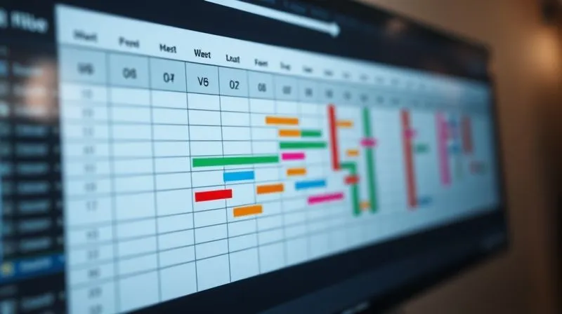 A photorealistic image of a detailed project timeline or Gantt chart, with various colored bars representing different phases of a complex project, illuminated by strategic, directional lighting. Sharp focus on the chart, depth of field blurring the background, 8K, professional photography, shot on a high-end DSLR.