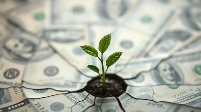 A photorealistic image of a thriving, green sapling growing out of a cracked, dry financial ledger, symbolizing growth and renewal from optimized capital. Cinematic lighting, sharp focus on the sapling, depth of field blurring the background, 8K, professional photography, shot on a high-end DSLR.