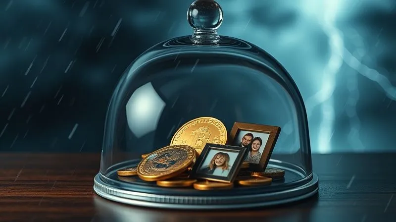 A photorealistic image of a transparent, sturdy glass dome protecting a cluster of gold coins and family photos, with a challenging storm brewing outside the dome. Cinematic lighting, sharp focus on the protected assets, depth of field blurring the stormy background. 8K hyper-detailed, professional photography.