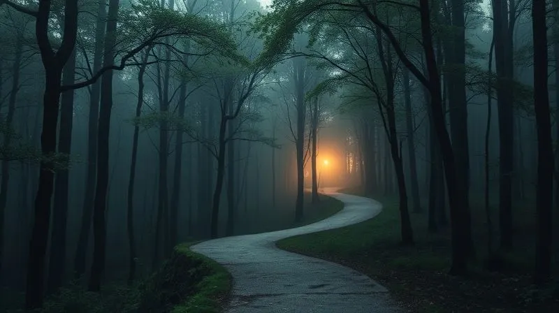 A photorealistic image of a winding, illuminated path through a dense, slightly foggy forest, symbolizing navigating a complex process with clarity and guidance. The path leads towards a bright, secure clearing. 8K, cinematic lighting, sharp focus on the path ahead, depth of field blurring the forest. Professional photography.