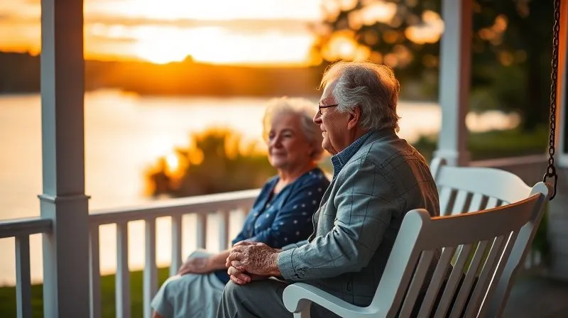 A photorealistic image of an elderly couple sitting on a porch swing, holding hands, looking out over a calm lake at sunset. Their expressions are peaceful and content, conveying a sense of security and enduring love despite life's challenges. 8K, cinematic lighting with golden hour glow, sharp focus on the couple, depth of field blurring the lake and trees. Professional photography.