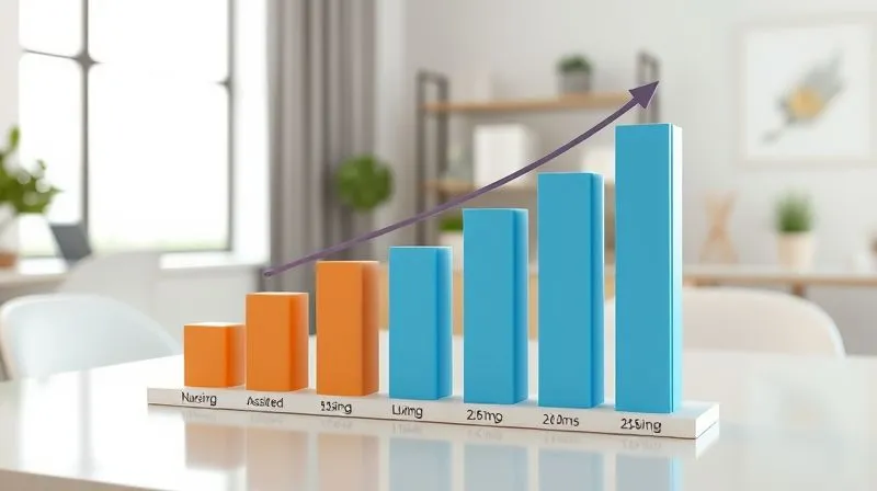 A photorealistic 3D bar chart showing the projected increase in long-term care costs over the next 20 years, with separate bars for nursing home, assisted living, and home care. The chart is set against a backdrop of a calm, well-lit financial planning office. Cinematic lighting, sharp focus, depth of field, 8K hyper-detailed, professional photography.