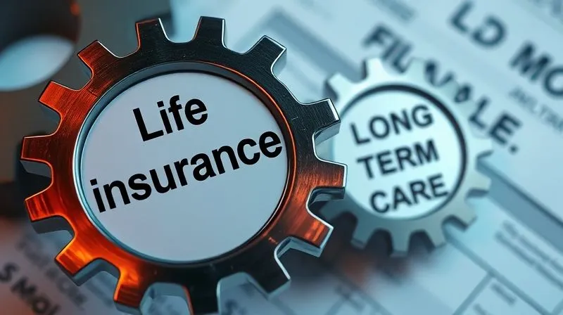 A photorealistic image of two interlocking gears, one labeled 'Life Insurance' and the other 'Long-Term Care', seamlessly integrated. The gears are made of polished metal, gleaming under cinematic lighting, sharp focus on the connection point, depth of field blurring a background of financial documents. 8K hyper-detailed, professional photography.
