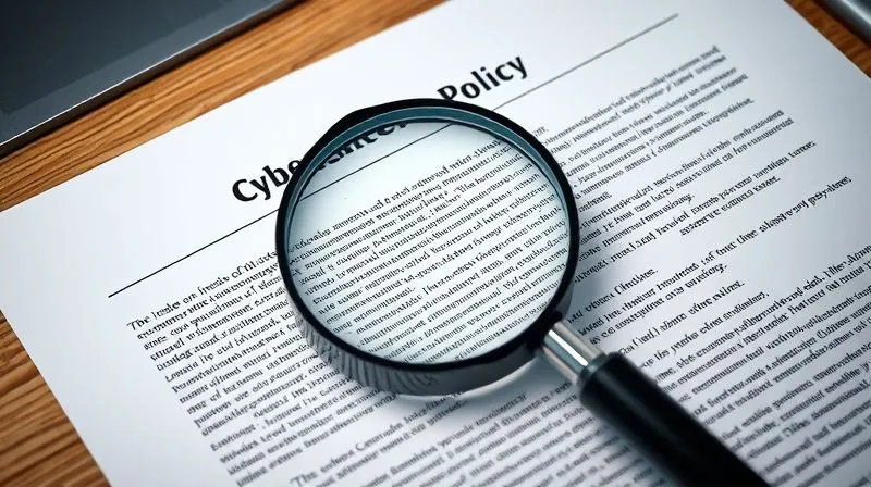 A photorealistic close-up of a magnifying glass hovering over complex, dense legal text on a cyber insurance policy document, highlighting specific clauses related to security requirements. Cinematic lighting, sharp focus on the text and magnifying glass, depth of field blurring the background of a modern office desk. 8K hyper-detailed, professional photography.