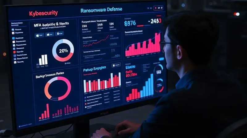 A photorealistic, high-angle shot of a modern cybersecurity dashboard displaying various metrics and graphs related to ransomware defense, including MFA adoption, EDR alerts, backup success rates, and patch compliance. The screen glows with data, surrounded by a professional, focused individual at a computer. Cinematic lighting, sharp focus on the screen, depth of field blurring the individual. 8K hyper-detailed, professional photography.