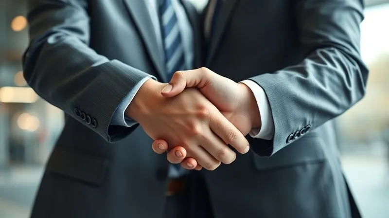 A photorealistic image showing a professional handshake between two business individuals, one representing a company and the other an external cybersecurity expert or consultant. The background subtly features digital security icons or a blurred network diagram. Cinematic lighting, sharp focus on the handshake, depth of field blurring the background. 8K hyper-detailed, professional photography.