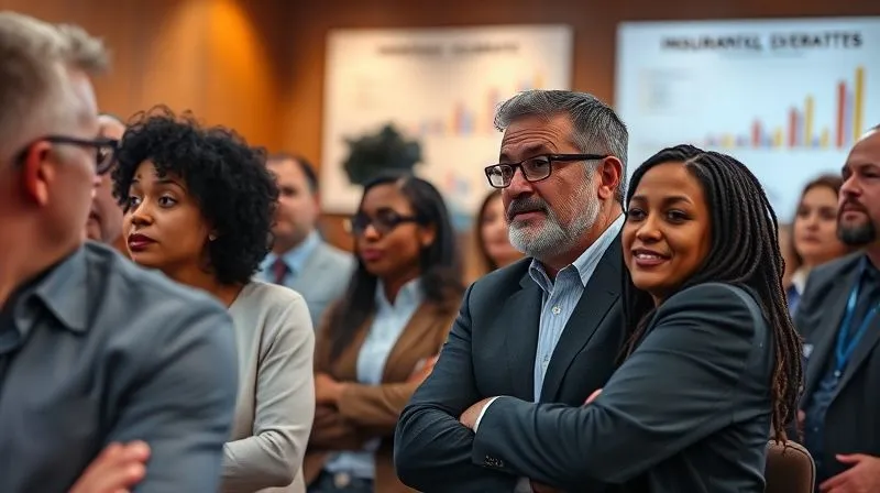 A photorealistic, professional photography, 8K, cinematic lighting, sharp focus, depth of field, shot on a high-end DSLR of a diverse group of people, including an empathetic insurance executive, engaged in a town hall meeting. The executive is speaking genuinely, making eye contact, with a backdrop displaying transparent charts and commitments. The audience members show expressions of cautious optimism and engagement, symbolizing active listening and rebuilding dialogue.