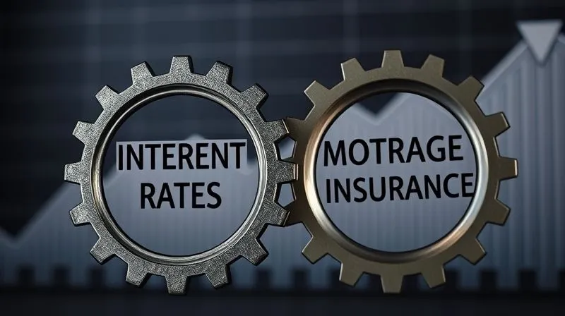 A photorealistic image of two gears interlocking, one labeled 'Interest Rates' and the other 'Mortgage Insurance', set against a backdrop of a rising line graph. Cinematic lighting, sharp focus on the gears, depth of field, 8K hyper-detailed, professional photography, shot on a high-end DSLR.