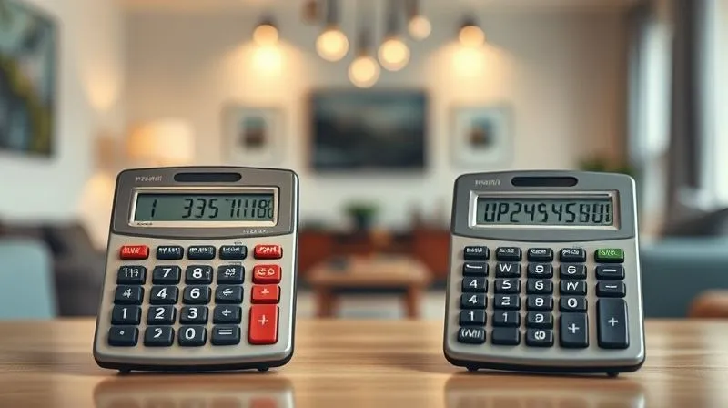 A photorealistic image of two calculators side-by-side, one showing a higher monthly payment with PMI and the other a lower payment without it, despite a slightly higher interest rate. The background is blurred, showing a modern home interior. Cinematic lighting, sharp focus on the calculators, depth of field, 8K hyper-detailed, professional photography, shot on a high-end DSLR.