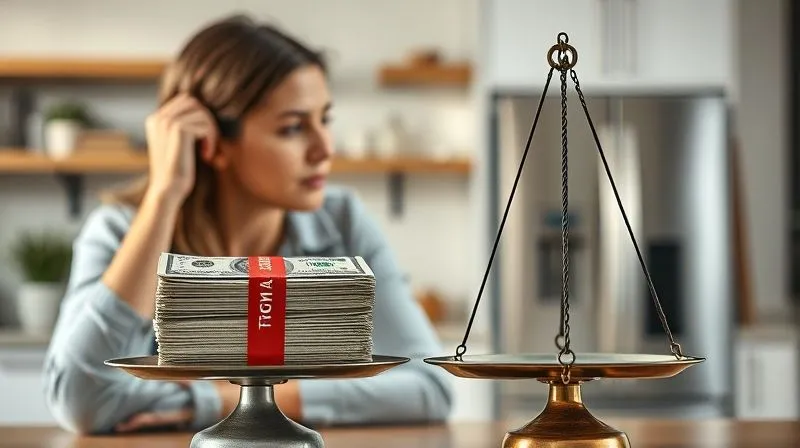 A photorealistic image of a homeowner looking thoughtfully at two scales, one with a stack of money representing FHA MIP and the other with a lower amount representing a conventional loan payment. The background shows a modern kitchen. Cinematic lighting, sharp focus on the scales, depth of field, 8K hyper-detailed, professional photography, shot on a high-end DSLR.