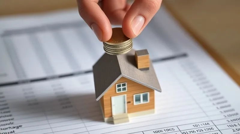 A photorealistic image of a hand placing a stack of coins onto a small house model, symbolizing extra mortgage payments building equity. The background shows a financial ledger with numbers. Cinematic lighting, sharp focus on the hand and house, depth of field, 8K hyper-detailed, professional photography, shot on a high-end DSLR.