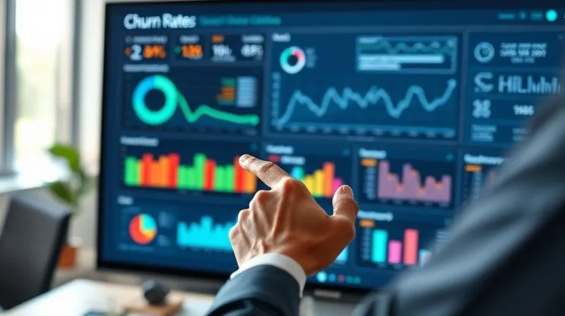 A photorealistic, professional photography, 8K, cinematic lighting, sharp focus, depth of field, shot on a high-end DSLR, of a data analyst's hands pointing at a complex but clear dashboard displaying churn rate metrics and customer segmentation on a large monitor, with subtle graphs showing declining churn, in a modern, well-lit office environment, conveying focused problem-solving.