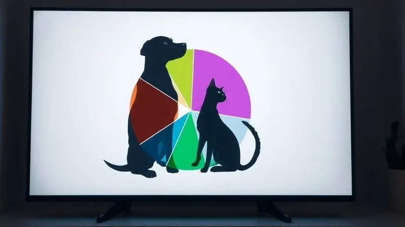 A photorealistic, professional photography, 8K, cinematic lighting, sharp focus, depth of field, shot on a high-end DSLR, of a segmented pie chart overlaid with a silhouette of a dog and cat, visually representing customer segments within pet insurance. The chart is vibrant and clear, displayed on a clean, minimalist screen, evoking a sense of strategic insight and personalization.