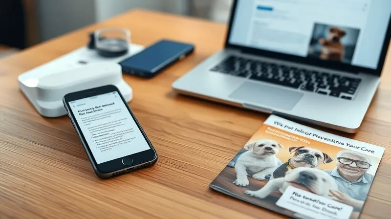 A photorealistic, professional photography, 8K, cinematic lighting, sharp focus, depth of field, shot on a high-end DSLR, of a diverse collection of communication tools: a smartphone displaying a pet wellness app notification, an open email on a laptop showing a personalized pet health report, and a physical brochure about pet preventative care. All items are arranged neatly on a wooden desk, conveying a comprehensive and integrated communication strategy.