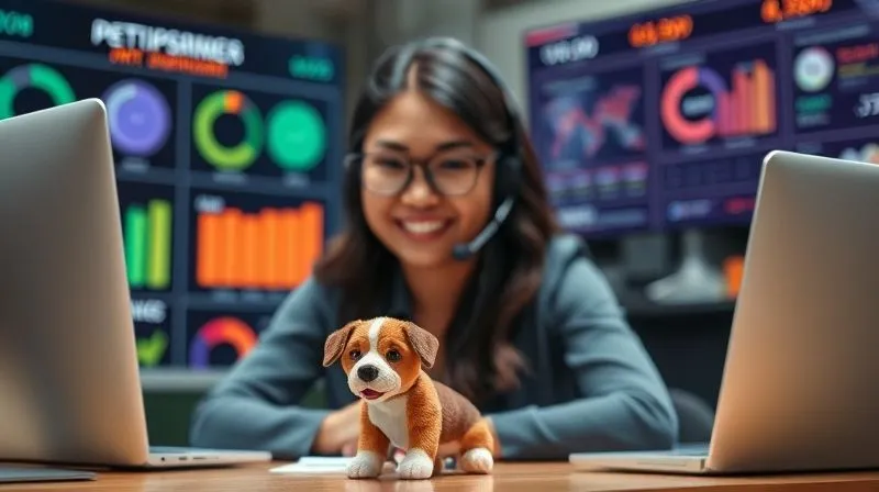 A photorealistic, professional photography, 8K, cinematic lighting, sharp focus, depth of field, shot on a high-end DSLR, of a customer service representative (diverse, friendly, professional) actively listening to a customer on a headset, with a digital dashboard showing positive customer satisfaction metrics in the background. A small, happy dog toy sits on the desk, adding a touch of the pet insurance niche, conveying empathy and efficient service.