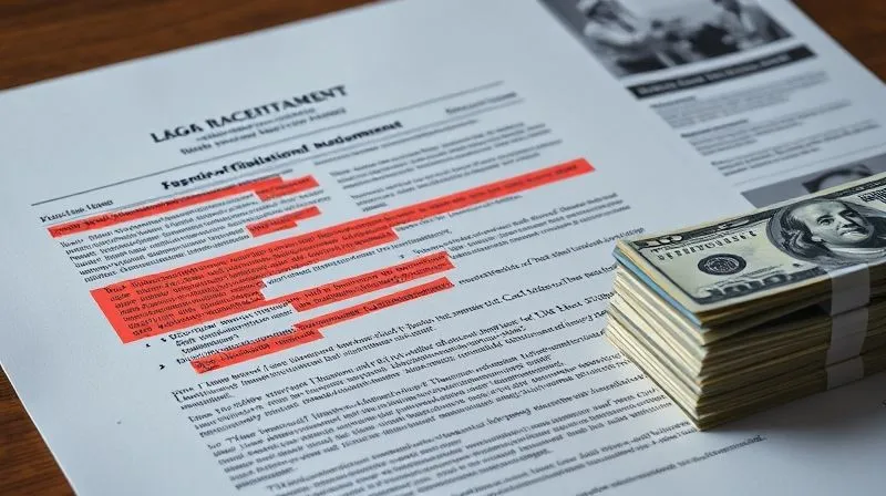 A photorealistic image of a complex legal document with sections highlighted in red, overlaid with subtle digital lines connecting to images of a jury, a news headline, and a stack of money, symbolizing the interconnected factors of social inflation. Cinematic lighting, 8K, sharp focus on the document, depth of field. Professional photography.