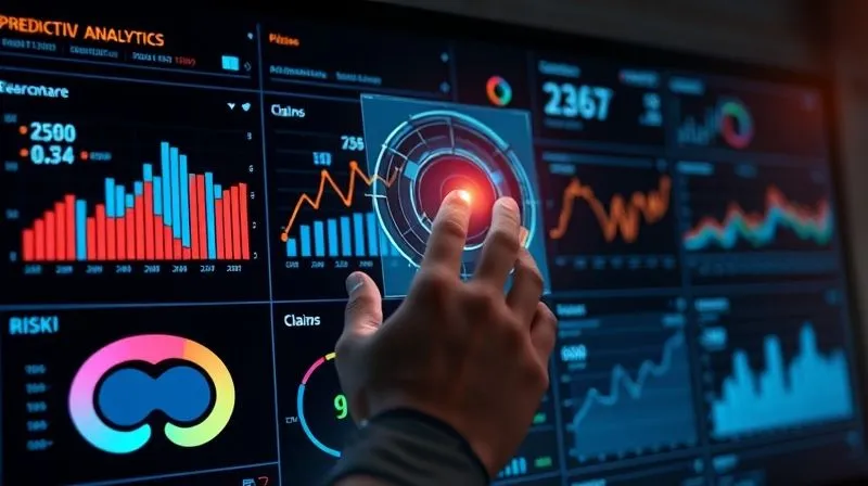 A photorealistic image of a digital dashboard displaying various risk metrics and claim data, with a human hand interacting with a holographic interface showing predictive analytics models. The scene is futuristic but grounded, cinematic lighting, 8K, sharp focus on the dashboard, depth of field. Professional photography.