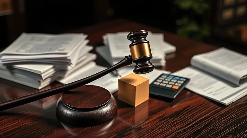 A photorealistic image of a legal gavle hitting a sound block on a dark, polished wooden table, surrounded by stacks of legal documents and a calculator showing escalating numbers. The scene is lit with dramatic, cinematic lighting, emphasizing the weight and cost of legal action. Sharp focus on the gavel, depth of field blurring the background elements, 8K hyper-detailed, shot on a high-end DSLR.
