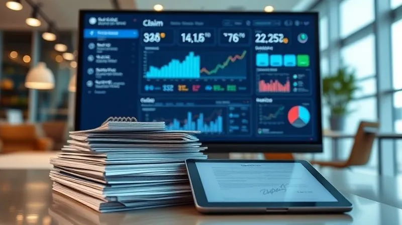 A photorealistic image of a highly organized digital claims dashboard on a large monitor, displaying various data points, graphs, and a timeline of a claim. In the foreground, neatly stacked physical folders and a tablet with a digital signature pad. Cinematic lighting, sharp focus on the monitor and foreground elements, depth of field blurring a modern office background, 8K hyper-detailed, shot on a high-end DSLR.