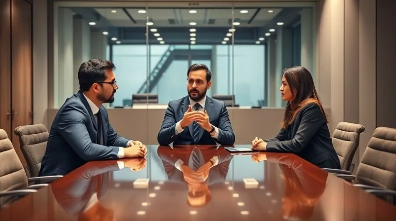 A photorealistic image of three people (two in business attire, one neutral in the middle) sitting around a polished conference table, engaged in a focused discussion. The neutral person is gesturing calmly, facilitating communication. The setting is a modern, well-lit meeting room, conveying professionalism and an atmosphere of resolution. Cinematic lighting, sharp focus on the people and table, depth of field blurring the background, 8K hyper-detailed, shot on a high-end DSLR.