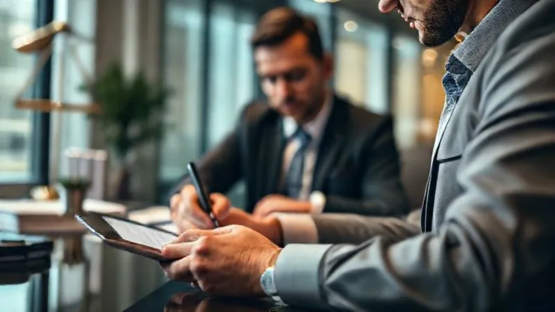 A photorealistic image of a professional, poised individual in a modern office setting, carefully drafting a formal letter on a tablet or laptop, with a blurred background of legal documents and a subtle, warm light. 8K, cinematic lighting, sharp focus on the individual's hands and the screen, depth of field, shot on a high-end DSLR.