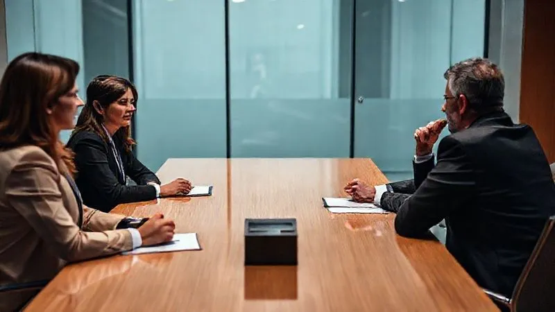 A photorealistic image of a professional meeting taking place in a modern conference room. Two individuals, one representing the business (calm, collected) and another representing legal counsel (attentive, taking notes), are across a table from a third individual (the client, slightly stressed). The table is clean, with minimal documents. 8K, cinematic lighting, sharp focus on the individuals' expressions and body language, depth of field, shot on a high-end DSLR.
