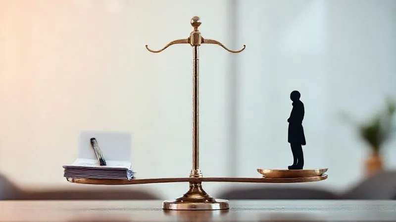 A photorealistic image depicting a balanced scale with two sides: one side with legal documents and a pen, the other side with a handshake silhouette. The scale is perfectly balanced, symbolizing fair resolution. The background is a soft, professional office environment. 8K, cinematic lighting, sharp focus on the scale, depth of field, shot on a high-end DSLR.
