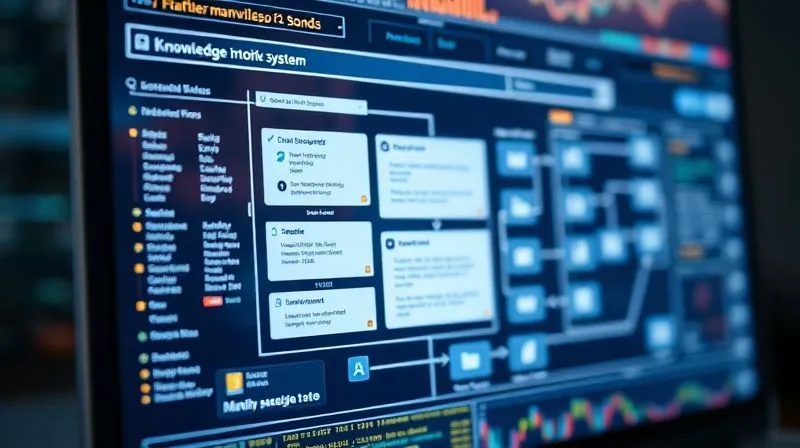 A photorealistic image of a digital knowledge management system interface, showing interconnected documents, flowcharts, and a search bar. The screen is glowing with data, symbolizing organized information. Cinematic lighting, sharp focus on the detailed interface, depth of field. Professional photography, 8K, shot on a high-end DSLR.