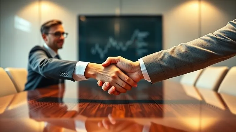 photorealistic, professional photography, 8K, cinematic lighting, sharp focus, depth of field, shot on a high-end DSLR. Two business professionals, one representing an insurer and the other a reinsurer, shaking hands firmly across a polished boardroom table. The lighting is warm and inviting, emphasizing connection and trust. Behind them, a subtle, blurred financial chart shows stable growth, symbolizing a successful, long-term partnership. The focus is on their hands and expressions, conveying mutual respect and confidence.