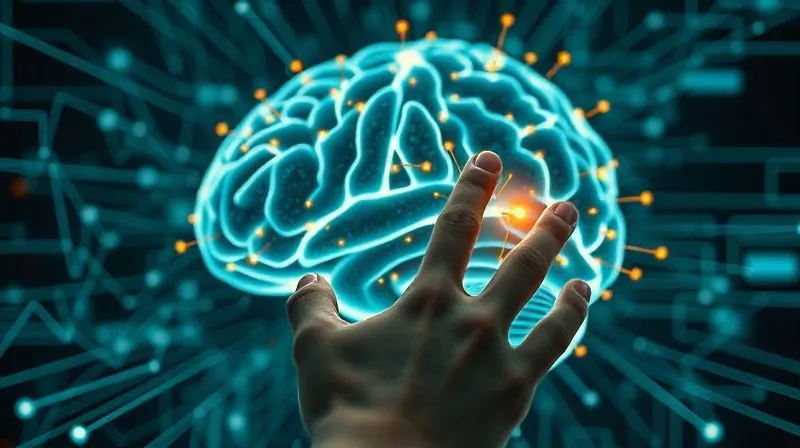 photorealistic, professional photography, 8K, cinematic lighting, sharp focus, depth of field, shot on a high-end DSLR. A dynamic, futuristic image of a digital brain composed of glowing data points and neural pathways, with lines of code and holographic interfaces projected around it. In the foreground, a human hand interacts with a translucent touchscreen displaying complex risk models and predictive analytics. The colors are cool blues and greens, conveying innovation and precision, symbolizing advanced underwriting and AI in insurance.