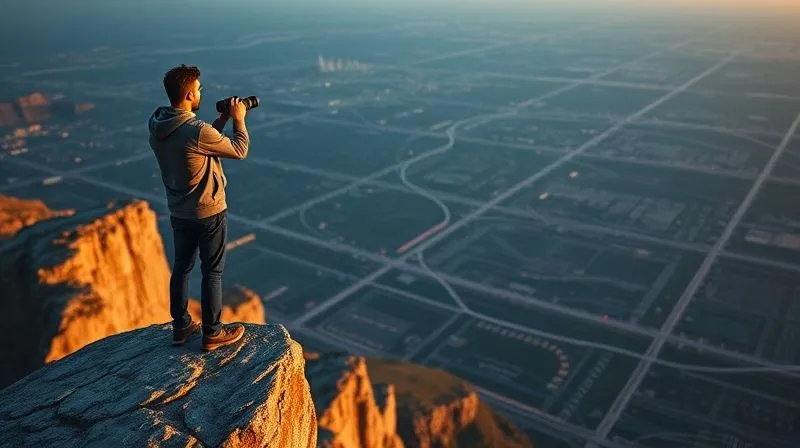 photorealistic, professional photography, 8K, cinematic lighting, sharp focus, depth of field, shot on a high-end DSLR. A person standing on a cliff edge, overlooking a vast, complex landscape of interconnected financial markets and data streams that stretch to a distant horizon. The person is holding a compass and binoculars, symbolizing strategic planning and market intelligence. The lighting is dawn or dusk, casting long shadows and conveying foresight and contemplation. The atmosphere is calm yet powerful, emphasizing a long-term strategic view.