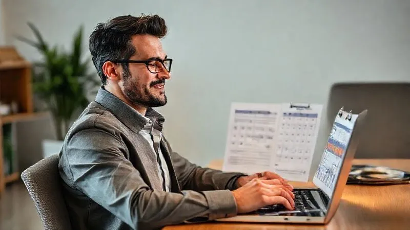 A professional, photorealistic image of a person sitting at a laptop, looking relieved and confident, with various health insurance plan documents and a calendar open, symbolizing successful planning and enrollment during a job transition. 8K, cinematic lighting, sharp focus, depth of field, shot on a high-end DSLR.